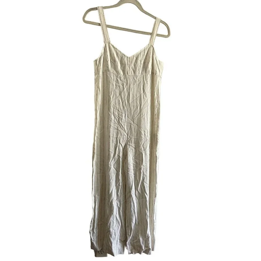 Zara Women S Ivory Striped Linen Blend Sleeveless Wide Leg Crop Jumpsuit NWT